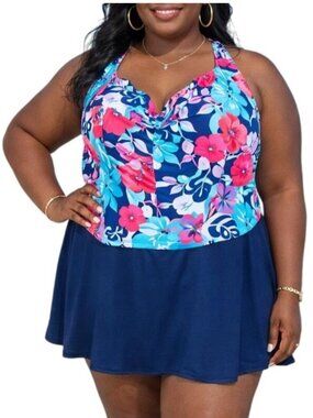 Suddenly Slim By Catalina Plus Size 3X Swim Dress Halter Floral Padded Bra Navy
